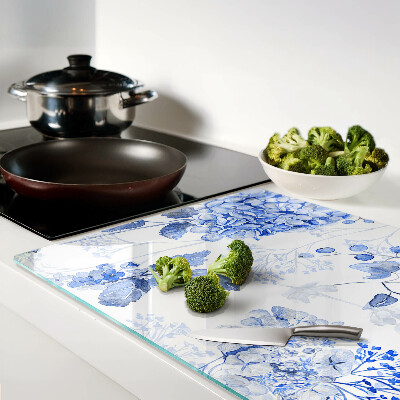 Szklana deska do krojenia z motywem kwiatów w odcieniach niebieskiego