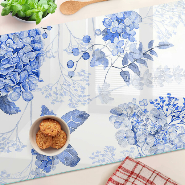 Szklana deska do krojenia z motywem kwiatów w odcieniach niebieskiego