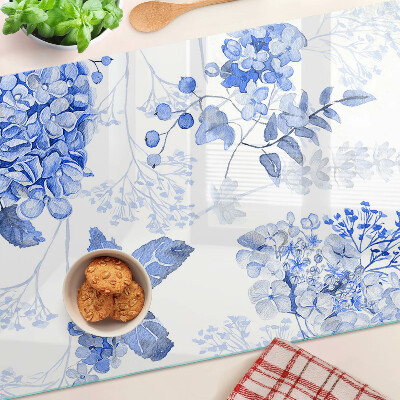 Szklana deska do krojenia z motywem kwiatów w odcieniach niebieskiego