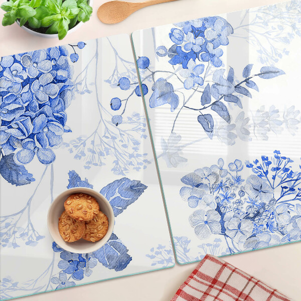 Szklana deska do krojenia z motywem kwiatów w odcieniach niebieskiego