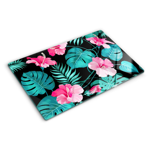 Szklana deska kuchenna z motywem tropikalnych kwiatów i liści