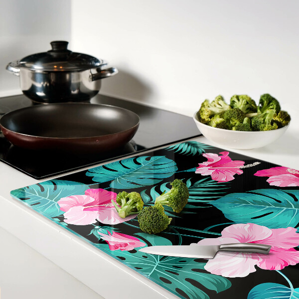 Szklana deska kuchenna z motywem tropikalnych kwiatów i liści