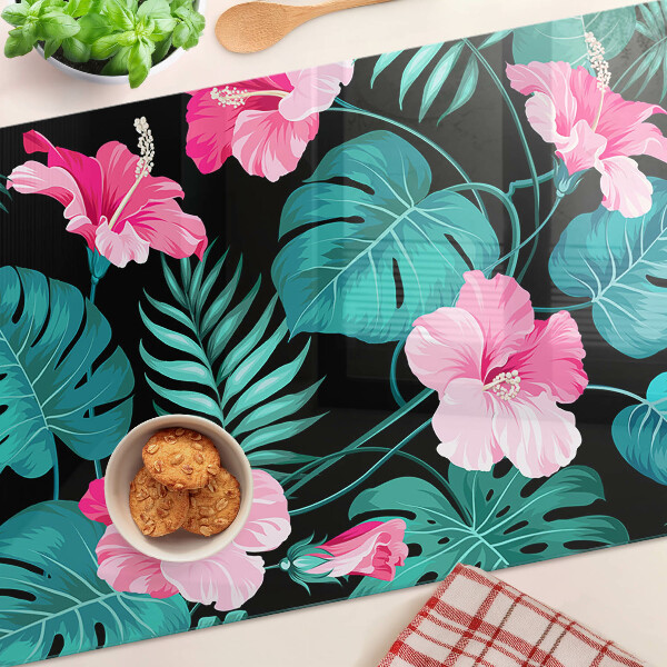 Szklana deska kuchenna z motywem tropikalnych kwiatów i liści