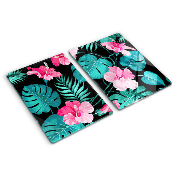 Szklana deska kuchenna z motywem tropikalnych kwiatów i liści