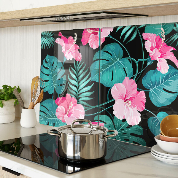 Szklana deska kuchenna z motywem tropikalnych kwiatów i liści
