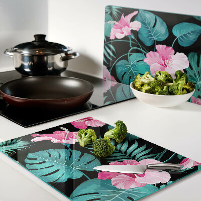 Szklana deska kuchenna z motywem tropikalnych kwiatów i liści