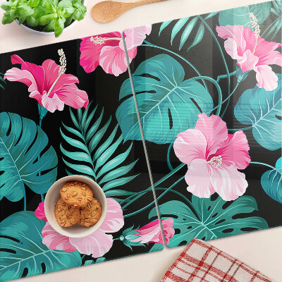Szklana deska kuchenna z motywem tropikalnych kwiatów i liści