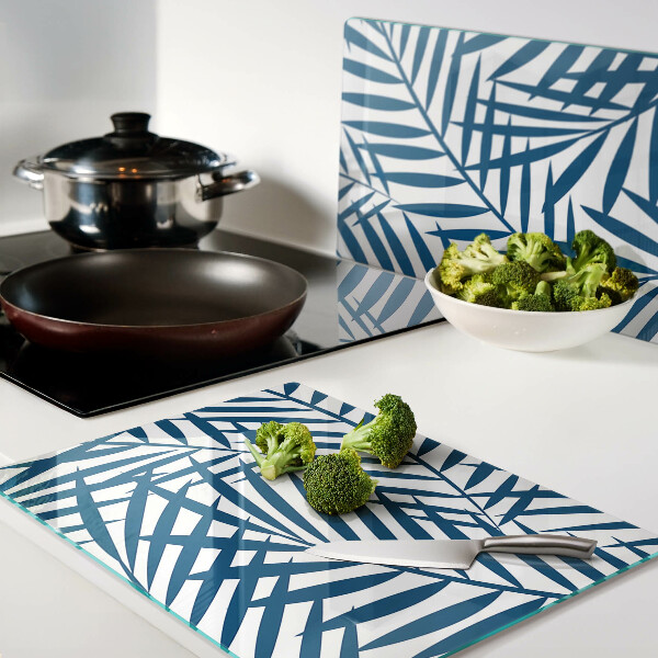 Deska kuchenna szklana z motywem liści palmowych w odcieniach niebieskiego