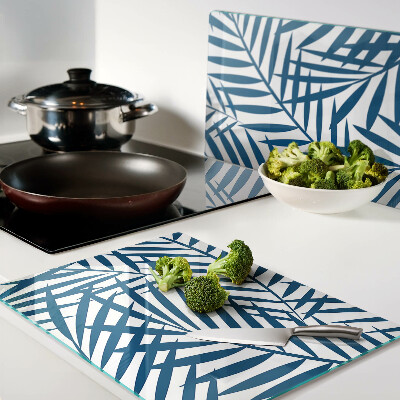 Deska kuchenna szklana z motywem liści palmowych w odcieniach niebieskiego