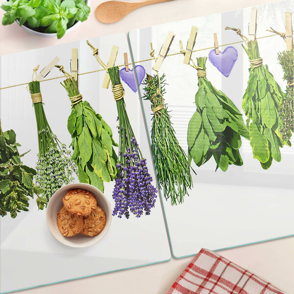 Szklana deska kuchenna z motywem ziół na sznurku