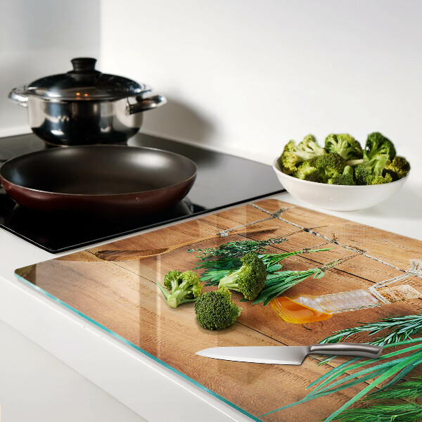 Szklana deska do krojenia z motywem ziół, idealna do pracy w kuchni