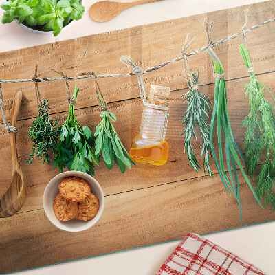 Szklana deska do krojenia z motywem ziół, idealna do pracy w kuchni