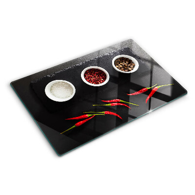 Szklana deska do krojenia z nadrukiem przypraw i czerwonych papryczek