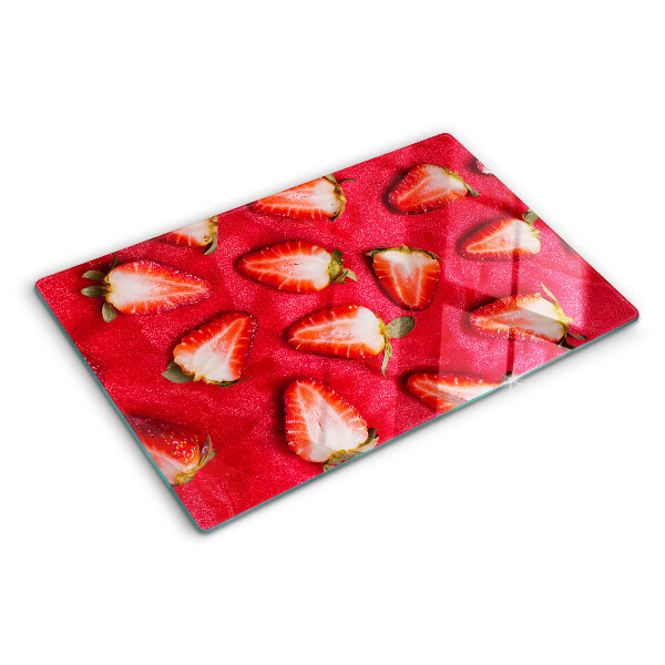 Deska kuchenna szklana z motywem truskawek na różowym tle