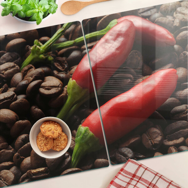 Szklana deska kuchenna z motywem kawy i papryczek chili