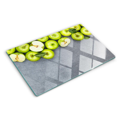 Szklana deska kuchenna z motywem zielonych jabłek na szarej powierzchni