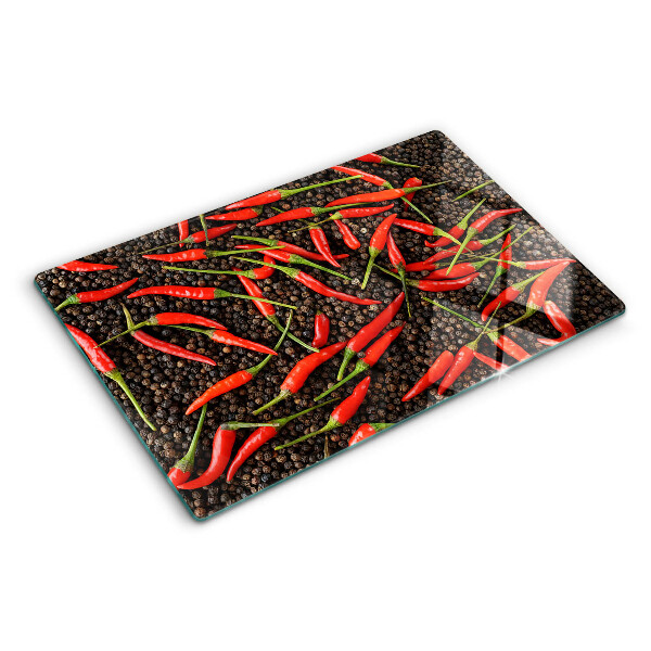 Szklana deska do krojenia z nadrukiem papryczek chili na czarnym pieprzu