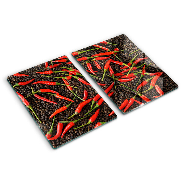 Szklana deska do krojenia z nadrukiem papryczek chili na czarnym pieprzu