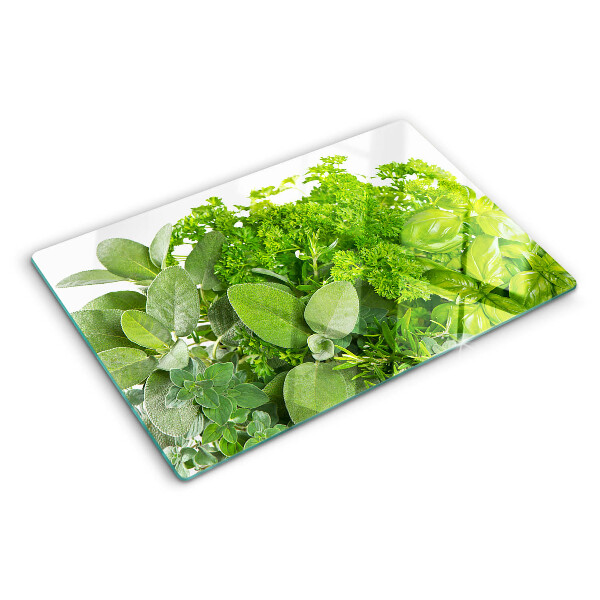 Szklana deska kuchenna z motywem zielonych ziół i liści