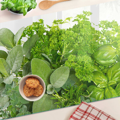 Szklana deska kuchenna z motywem zielonych ziół i liści