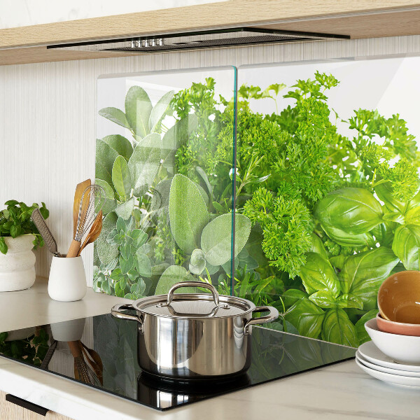 Szklana deska kuchenna z motywem zielonych ziół i liści