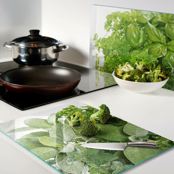 Szklana deska kuchenna z motywem zielonych ziół i liści