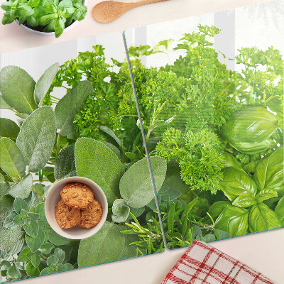 Szklana deska kuchenna z motywem zielonych ziół i liści