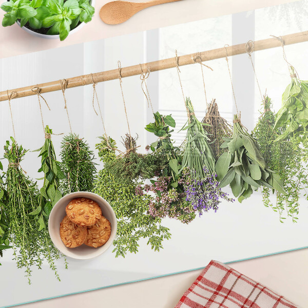 Deska kuchenna szklana z motywem suszonych ziół na sznurku