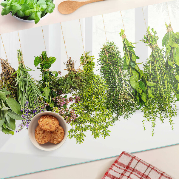Deska kuchenna szklana z motywem wiszących ziół na sznurku