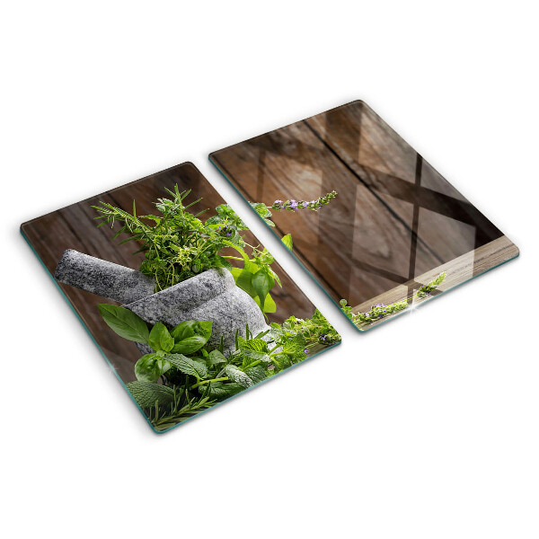 Szklana deska kuchenna z motywem ziół w doniczce