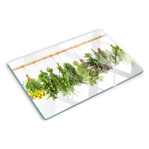 Szklana deska do krojenia z motywem suszonych ziół na sznurku