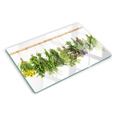 Szklana deska do krojenia z motywem suszonych ziół na sznurku