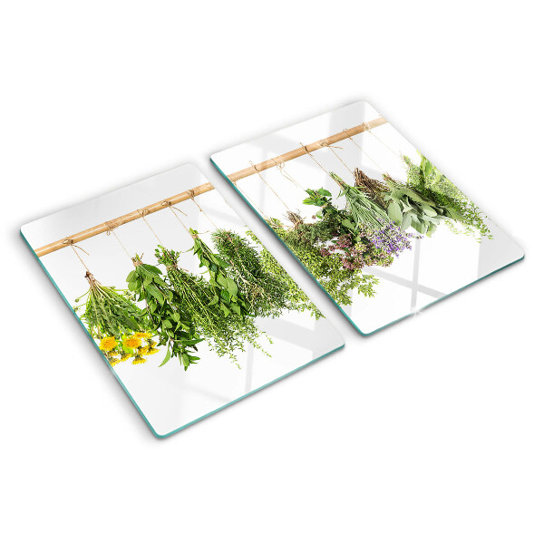 Szklana deska do krojenia z motywem suszonych ziół na sznurku
