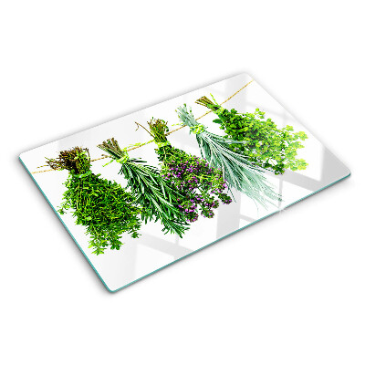 Szklana deska kuchenna z motywem suszonych ziół na sznurku