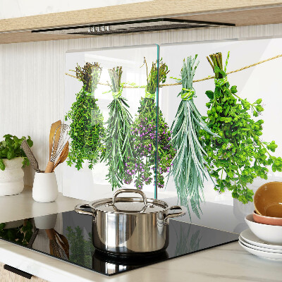 Szklana deska kuchenna z motywem suszonych ziół na sznurku