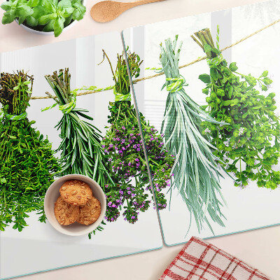 Szklana deska kuchenna z motywem suszonych ziół na sznurku