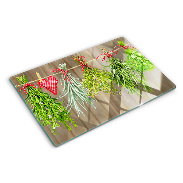 Szklana deska do krojenia z motywem ziół na sznurku