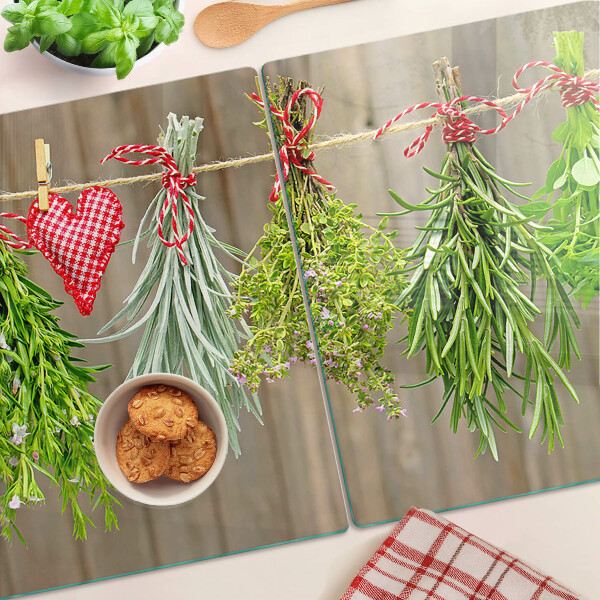 Szklana deska do krojenia z motywem ziół na sznurku