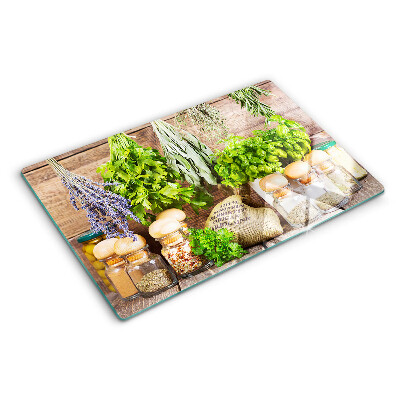 Szklana deska do krojenia z motywem ziół i przypraw, idealna do kuchni