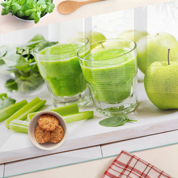 Szklana deska kuchenna z motywem zielonego smoothie i świeżych składników