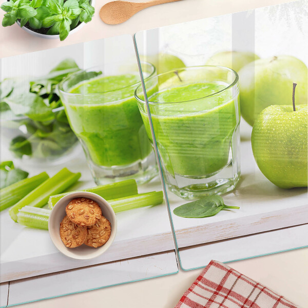 Szklana deska kuchenna z motywem zielonego smoothie i świeżych składników