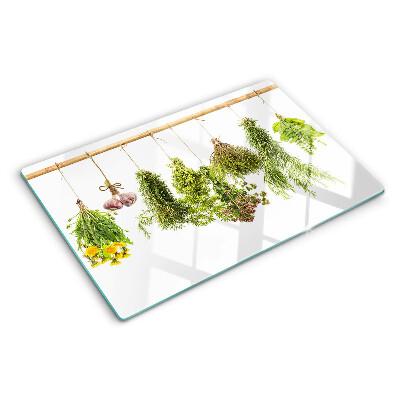 Szklana deska kuchenna z motywem ziół ułożonych w wiszące pęczki