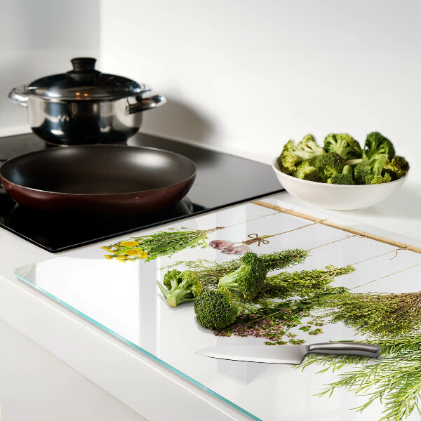 Szklana deska kuchenna z motywem ziół ułożonych w wiszące pęczki