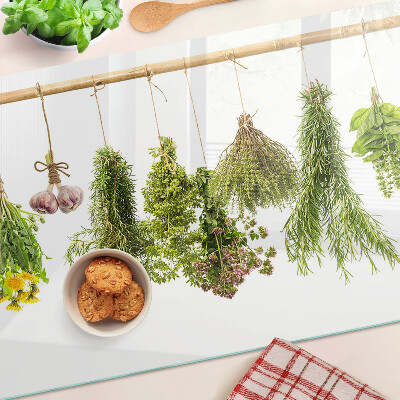 Szklana deska kuchenna z motywem ziół ułożonych w wiszące pęczki