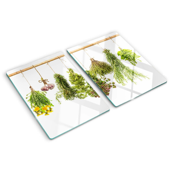 Szklana deska kuchenna z motywem ziół ułożonych w wiszące pęczki