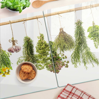 Szklana deska kuchenna z motywem ziół ułożonych w wiszące pęczki