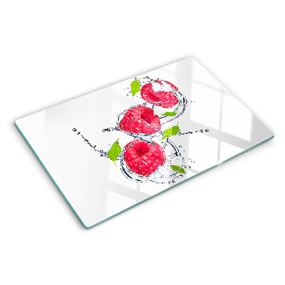 Szklana deska do krojenia z nadrukiem malin w wodzie z liśćmi