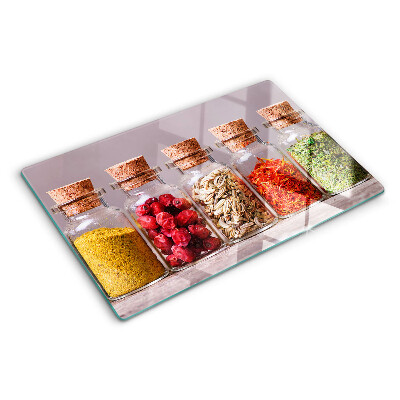 Szklana deska kuchenna z nadrukiem przedstawiającym przyprawy w szklanych słoikach