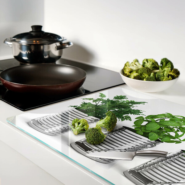 Deska kuchenna szklana z motywem roślin w metalowych doniczkach