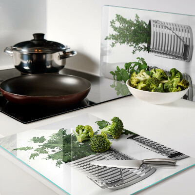 Deska kuchenna szklana z motywem roślin w metalowych doniczkach